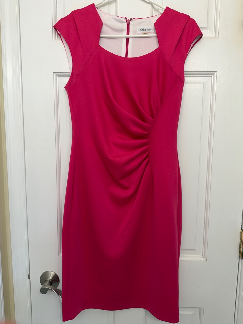 Calvin Klein Hot Pink Cap-Sleeve Ruched Sheath Dress